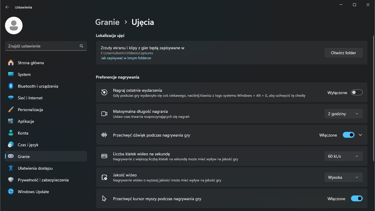 Ustawienia nagrywania Windows