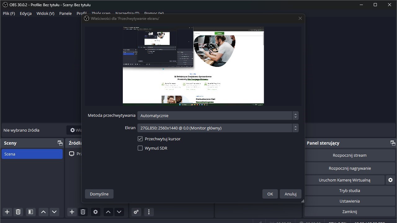 Wybór monitora OBS